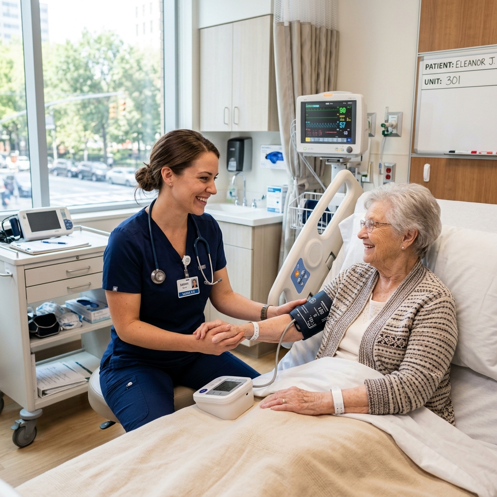 Smiling nurse caring for a patient