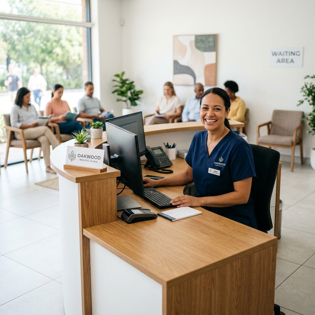 Friendly medical receptionist smiling at the front desk